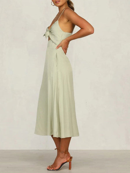 Knotted Backless Cut Out Cotton Maxi Dresses