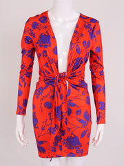 Knotted Long Sleeves V-Neck Floral Print Midi Pencil Bodycon Dresses