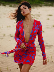 Knotted Long Sleeves V-Neck Floral Print Midi Pencil Bodycon Dresses