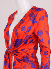 Knotted Long Sleeves V-Neck Floral Print Midi Pencil Bodycon Dresses