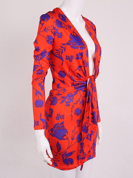 Knotted Long Sleeves V-Neck Floral Print Midi Pencil Bodycon Dresses