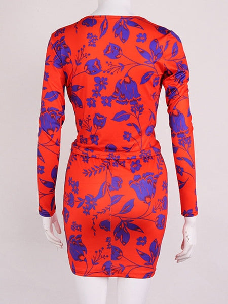 Knotted Long Sleeves V-Neck Floral Print Midi Pencil Bodycon Dresses