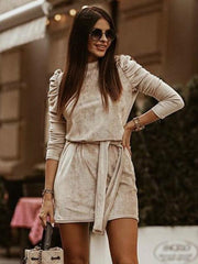 Knotted Pleated High Collar Long Sleeves Lace up Daily Casual Dresses