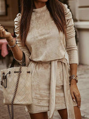 Knotted Pleated High Collar Long Sleeves Lace up Daily Casual Dresses
