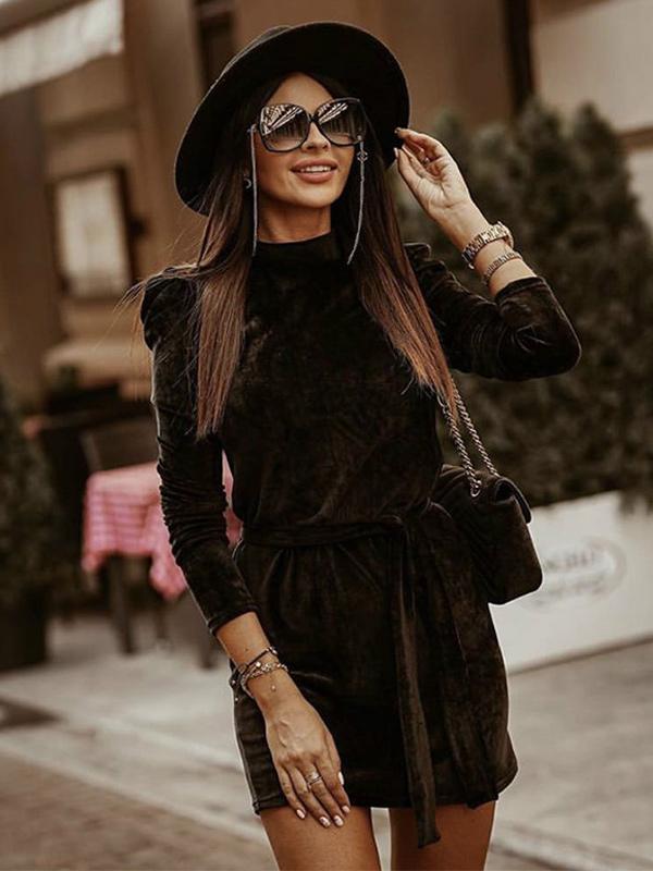 Knotted Pleated High Collar Long Sleeves Lace up Daily Casual Dresses