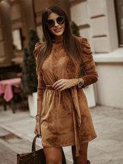 Knotted Pleated High Collar Long Sleeves Lace up Daily Casual Dresses