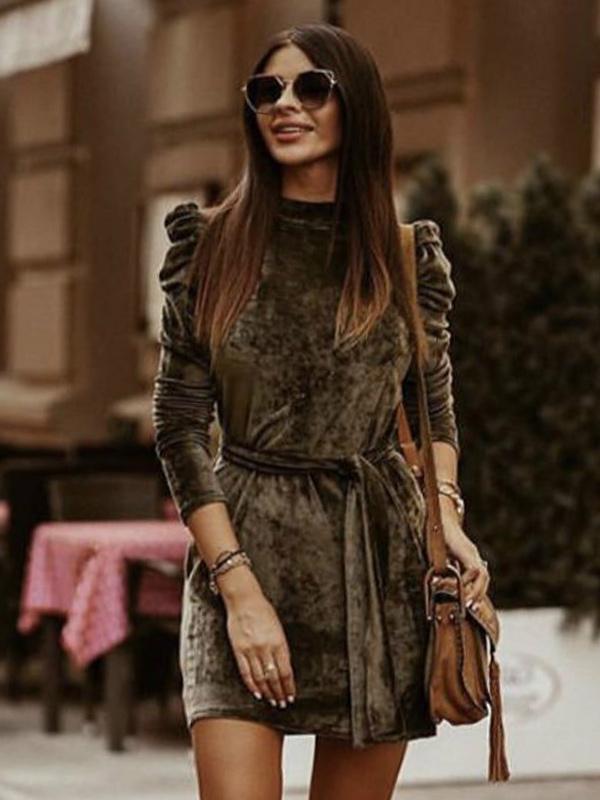 Knotted Pleated High Collar Long Sleeves Lace up Daily Casual Dresses