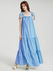 Knotted Sleeveless Ruffle Trim Big Swing Maxi Dress