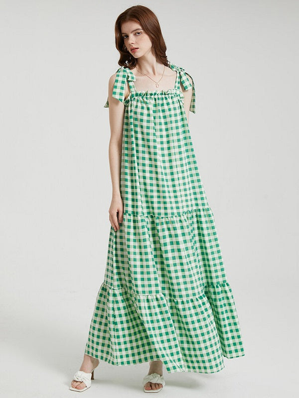 Knotted Sleeveless Ruffle Trim Big Swing Maxi Dress
