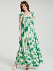 Knotted Sleeveless Ruffle Trim Big Swing Maxi Dress