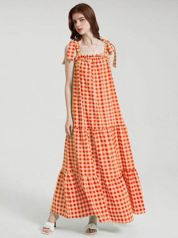 Knotted Sleeveless Ruffle Trim Big Swing Maxi Dress