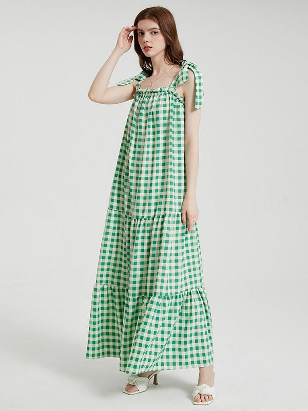 Knotted Sleeveless Ruffle Trim Big Swing Maxi Dress