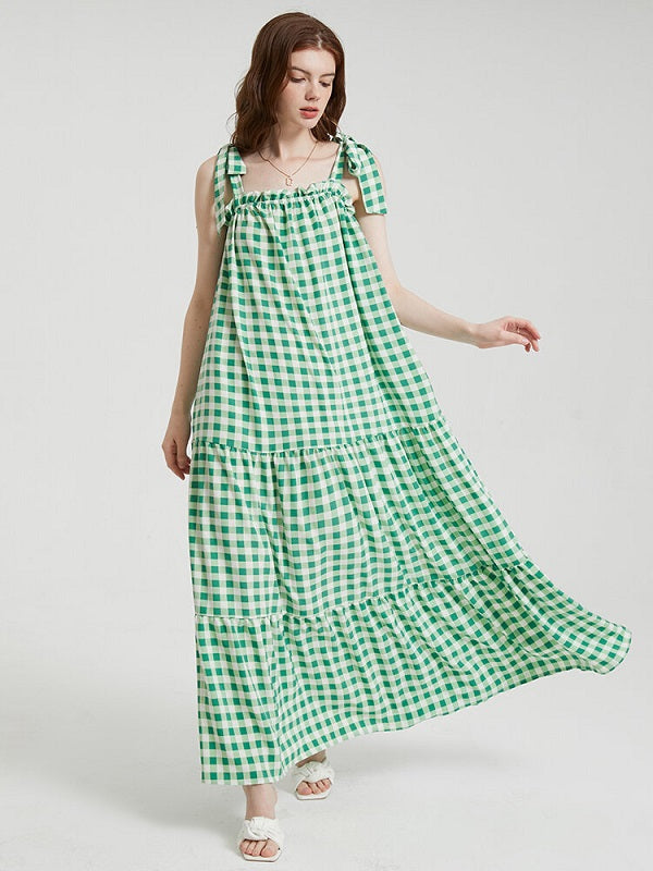 Knotted Sleeveless Ruffle Trim Big Swing Maxi Dress