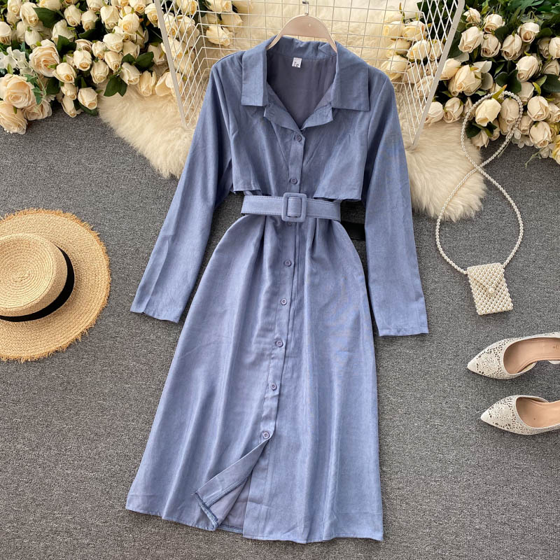 Korean Long Sleeve A-line Style Elegant Solid Office Dresses