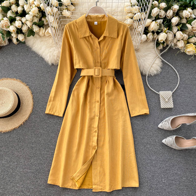 Korean Long Sleeve A-line Style Elegant Solid Office Dresses