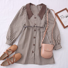 Korean Long Sleeve Button College Style A-line Short Dress