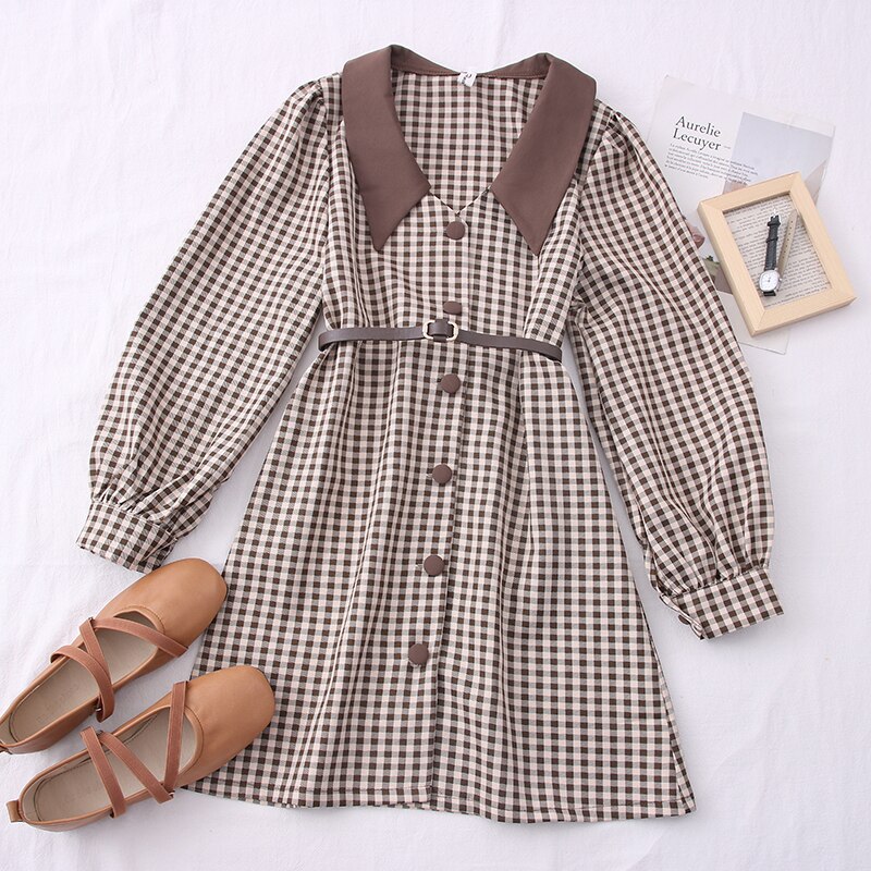 Korean Long Sleeve Button College Style A-line Short Dress