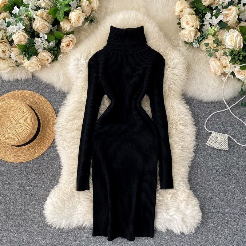 Korean Long Sleeve Slim Pencil Thicken Warm Bodycon Sweater Dress
