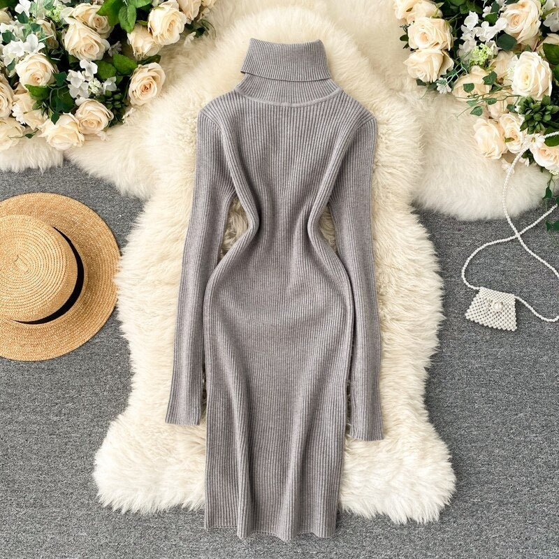 Korean Long Sleeve Slim Pencil Thicken Warm Bodycon Sweater Dress