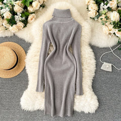 Korean Long Sleeve Slim Pencil Thicken Warm Bodycon Sweater Dress