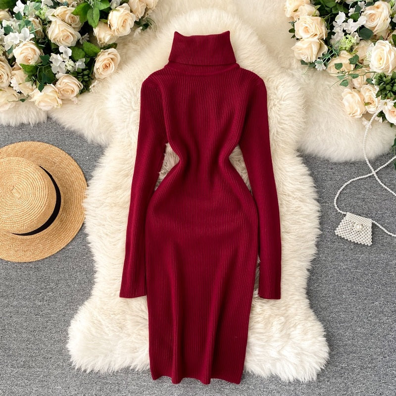 Korean Long Sleeve Slim Pencil Thicken Warm Bodycon Sweater Dress