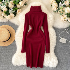 Korean Long Sleeve Slim Pencil Thicken Warm Bodycon Sweater Dress