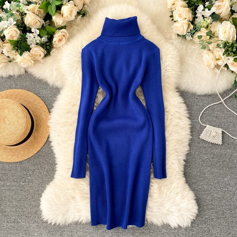 Korean Long Sleeve Slim Pencil Thicken Warm Bodycon Sweater Dress