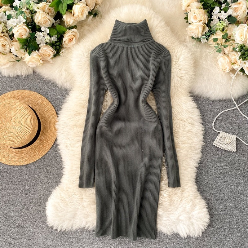 Korean Long Sleeve Slim Pencil Thicken Warm Bodycon Sweater Dress