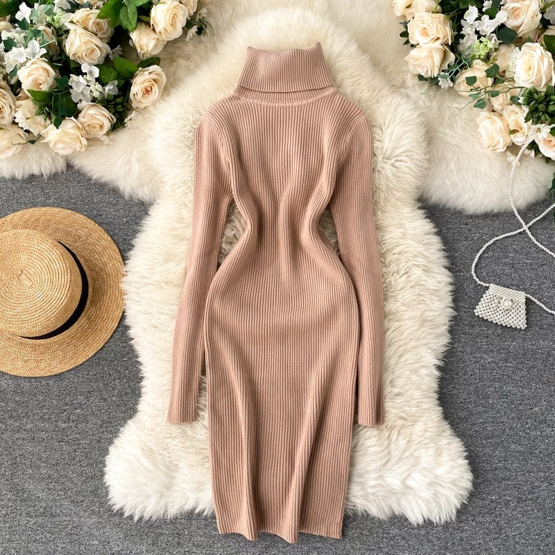 Korean Long Sleeve Slim Pencil Thicken Warm Bodycon Sweater Dress