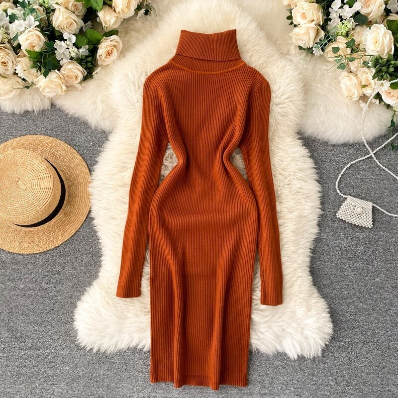 Korean Long Sleeve Slim Pencil Thicken Warm Bodycon Sweater Dress