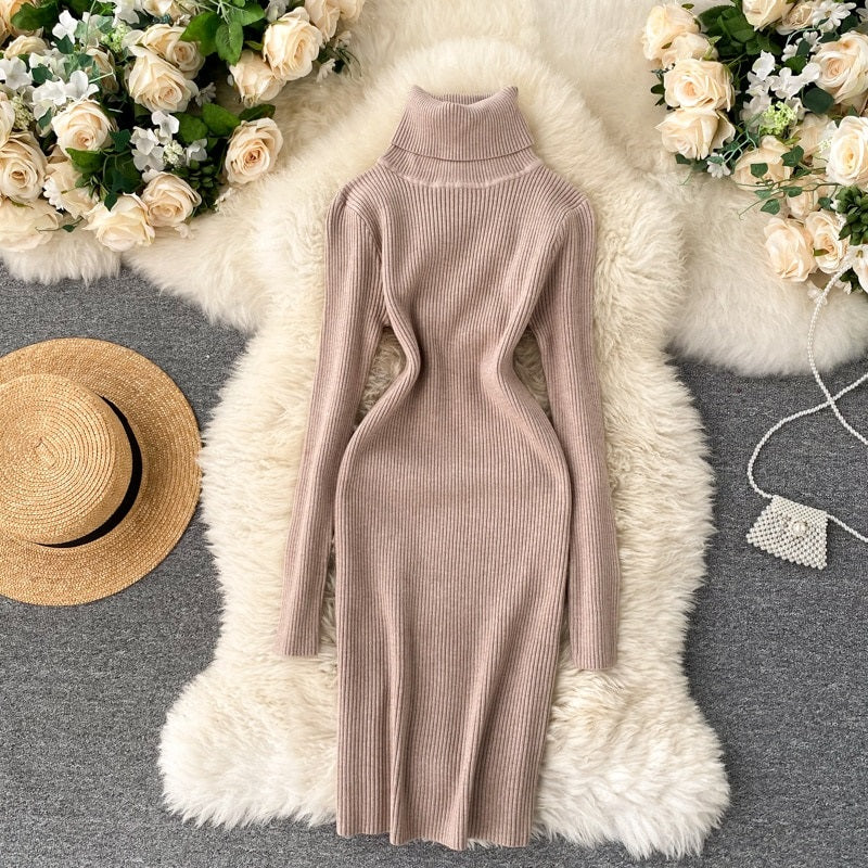 Korean Long Sleeve Slim Pencil Thicken Warm Bodycon Sweater Dress