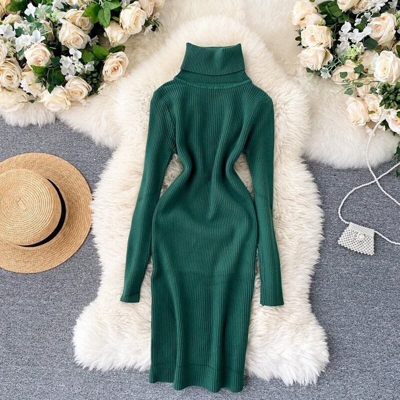 Korean Long Sleeve Slim Pencil Thicken Warm Bodycon Sweater Dress