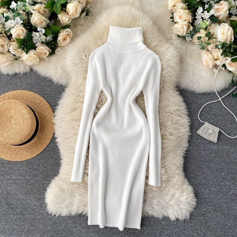 Korean Long Sleeve Slim Pencil Thicken Warm Bodycon Sweater Dress