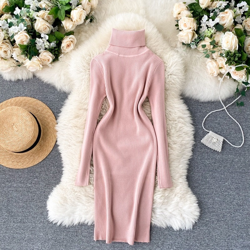 Korean Long Sleeve Slim Pencil Thicken Warm Bodycon Sweater Dress