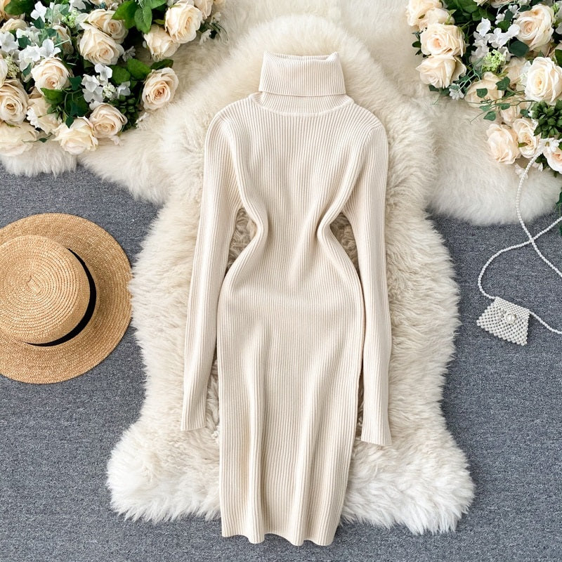 Korean Long Sleeve Slim Pencil Thicken Warm Bodycon Sweater Dress
