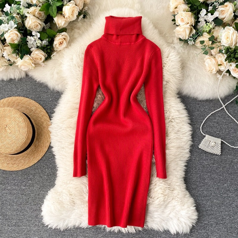 Korean Long Sleeve Slim Pencil Thicken Warm Bodycon Sweater Dress