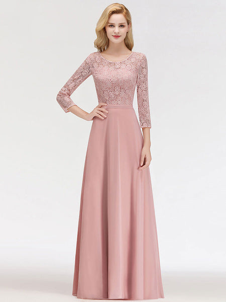 Lace A Line Jewel Neck Floor Length Wedding Party Bridesmaid Dresses