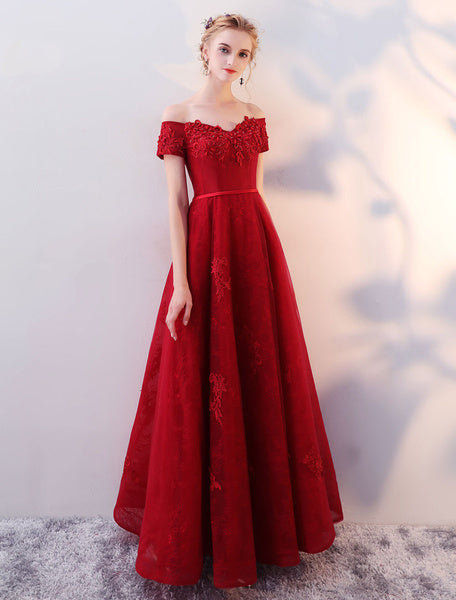 Lace Applique Beaded Floor Length Formal Prom Dress