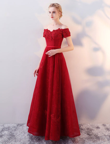 Lace Applique Beaded Floor Length Formal Prom Dress