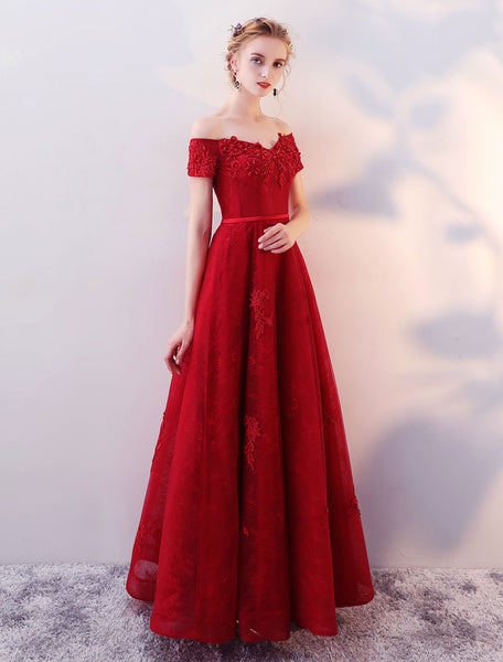 Lace Applique Beaded Floor Length Formal Prom Dress