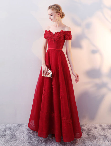Lace Applique Beaded Floor Length Formal Prom Dress