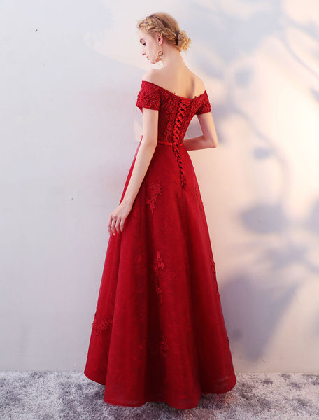 Lace Applique Beaded Floor Length Formal Prom Dress