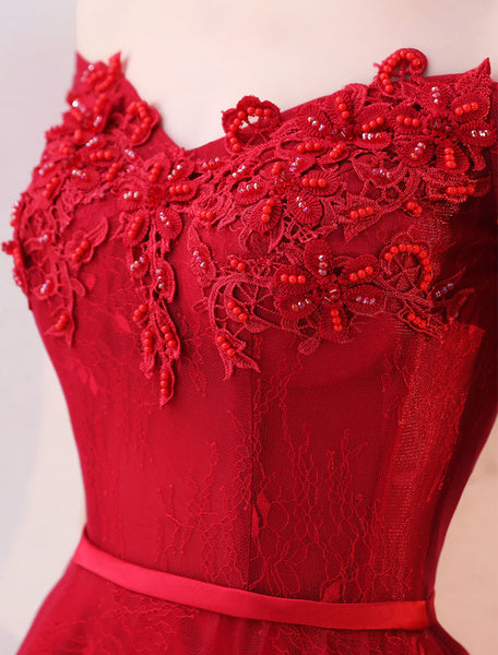 Lace Applique Beaded Floor Length Formal Prom Dress