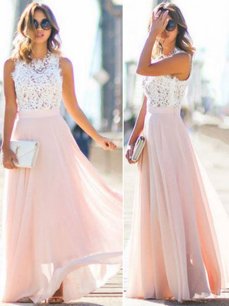 Lace &Chiffon Maxi Dress Two Tone Round Neck Sleeveless Pleated Long Wrap Dress