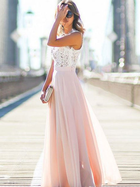 Lace &Chiffon Maxi Dress Two Tone Round Neck Sleeveless Pleated Long Wrap Dress