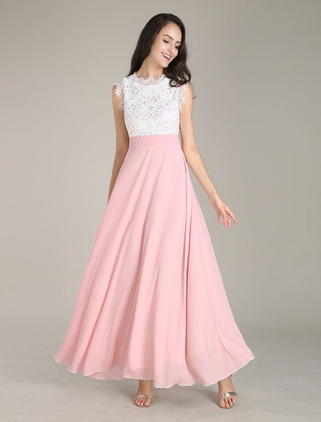 Lace &Chiffon Maxi Dress Two Tone Round Neck Sleeveless Pleated Long Wrap Dress