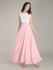 Lace &Chiffon Maxi Dress Two Tone Round Neck Sleeveless Pleated Long Wrap Dress