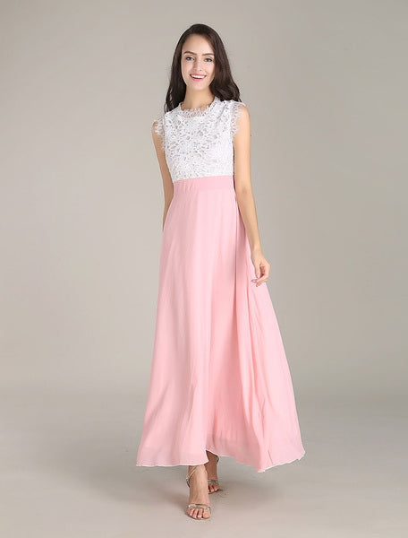 Lace &Chiffon Maxi Dress Two Tone Round Neck Sleeveless Pleated Long Wrap Dress
