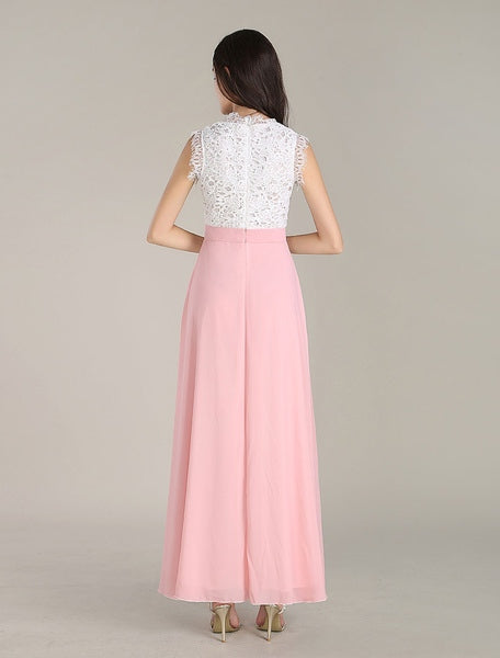 Lace &Chiffon Maxi Dress Two Tone Round Neck Sleeveless Pleated Long Wrap Dress