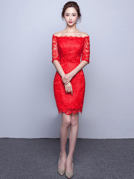 Elegant Lace Cocktail Off The Shoulder Sheath Party Mini Dress